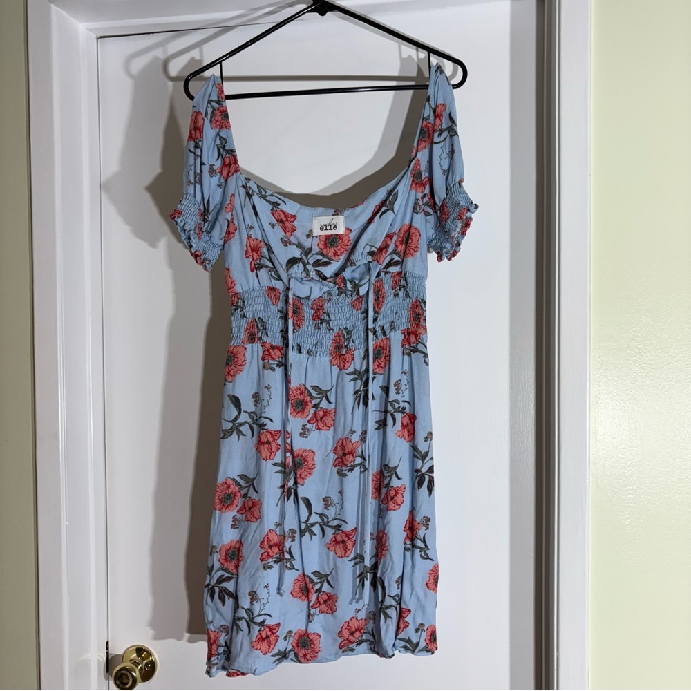 Elle Sky Blue Dress with Coral Floral Design